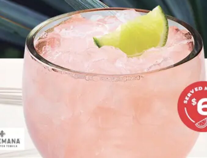 A tantalizing Applebee's Watermelon Mana Margarita, featuring Dwayne “The Rock” Johnson’s ultra-premium Teremana Tequila Blanco, triple sec, watermelon, and lime, served in a margarita glass for a sweet and salty flavor experience, priced at just $6